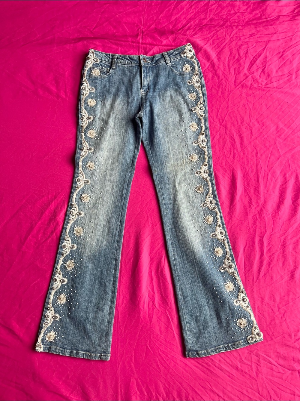 Y2K  Blue Jeans with Side Lace Trim
